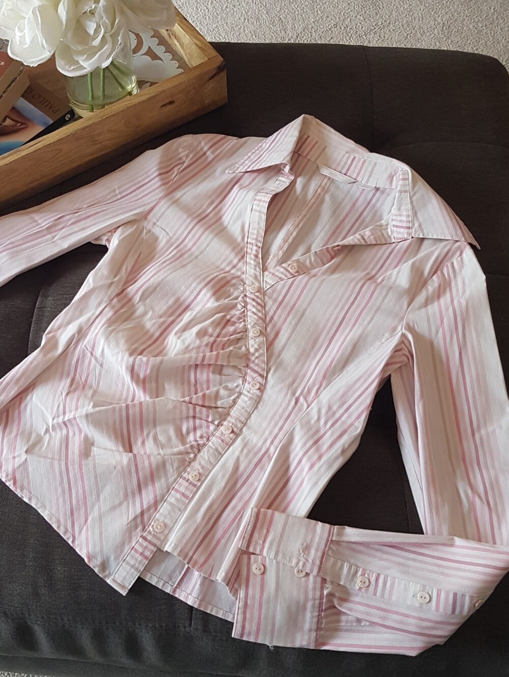 Mango Womenโs Pink White Striped Button-Up Cotton Shirt Contemporary From Spain